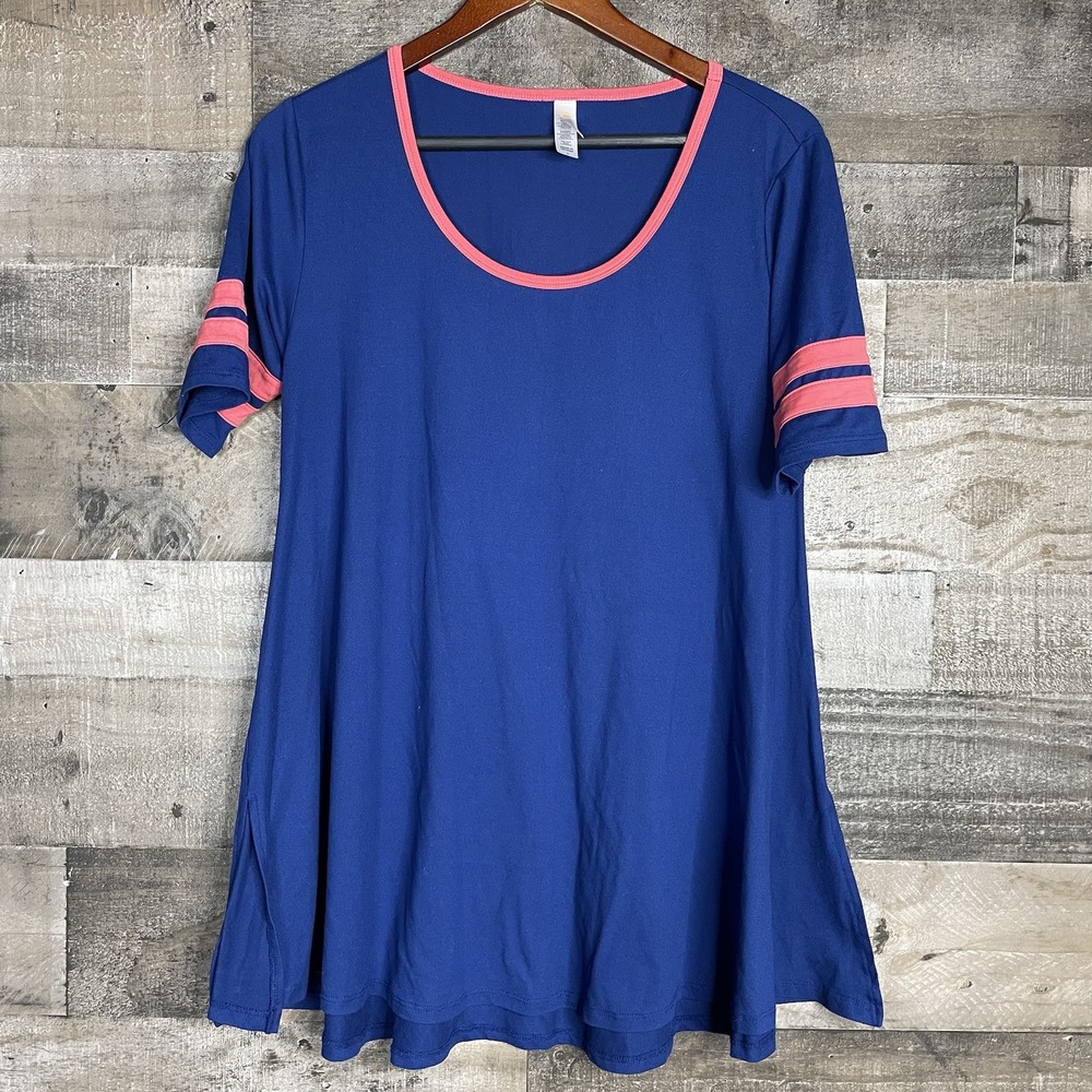 LulaRoe T-Shirt Women S Blue Short Sleeve Round Neck Casual Side Slit‎ Stretch